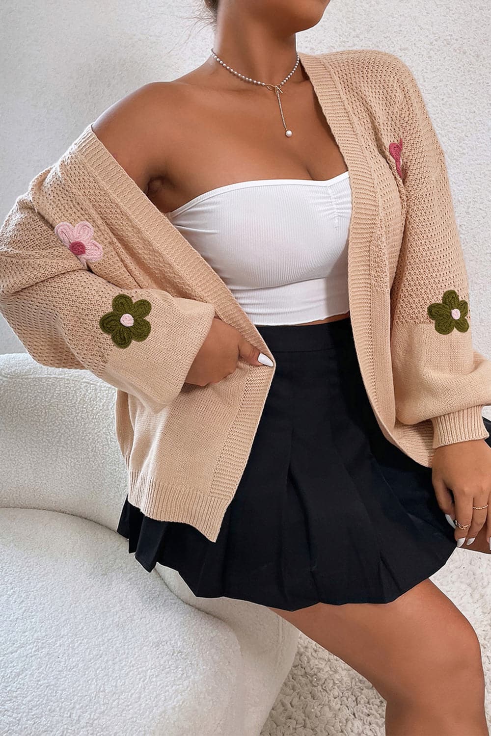 Flower Open Front Dropped Shoulder Cardigan.