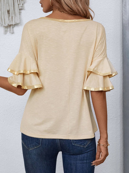 Ruffled sheer sleeve top - stretchy, stylish