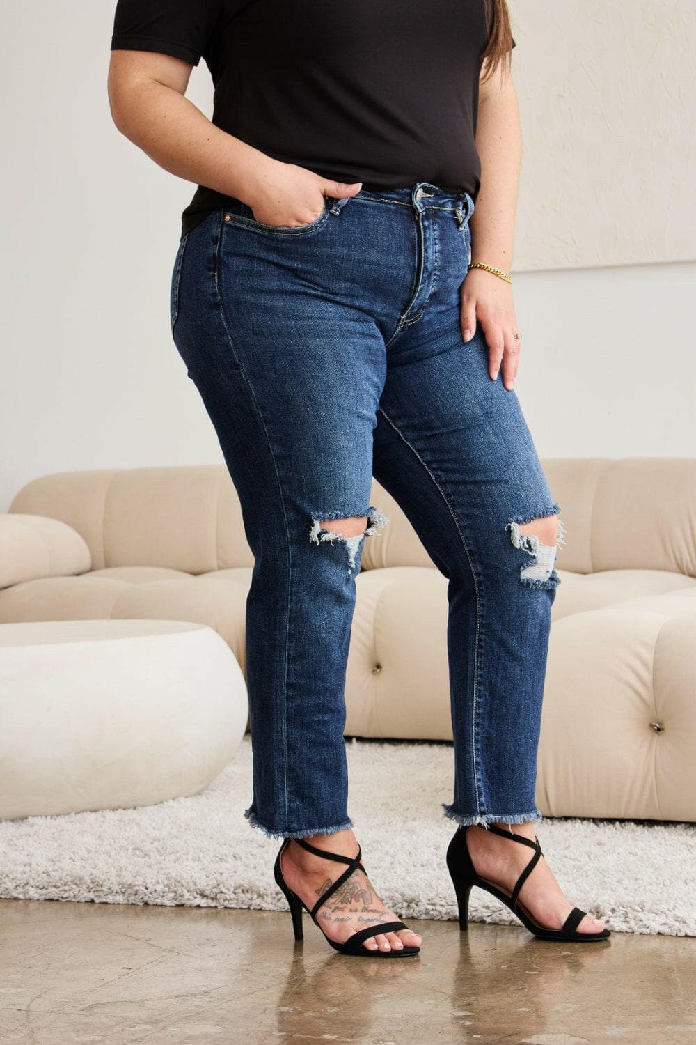 RFM Full Size Tummy Control Distressed High Waist Raw Hem Jeans.