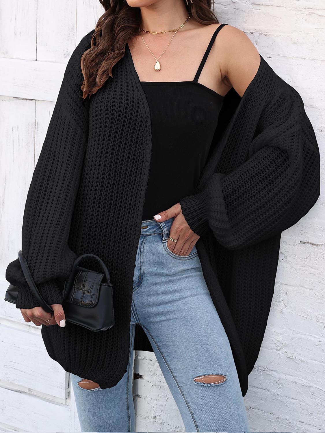 Open Front Dropped Shoulder Longline Cardigan.