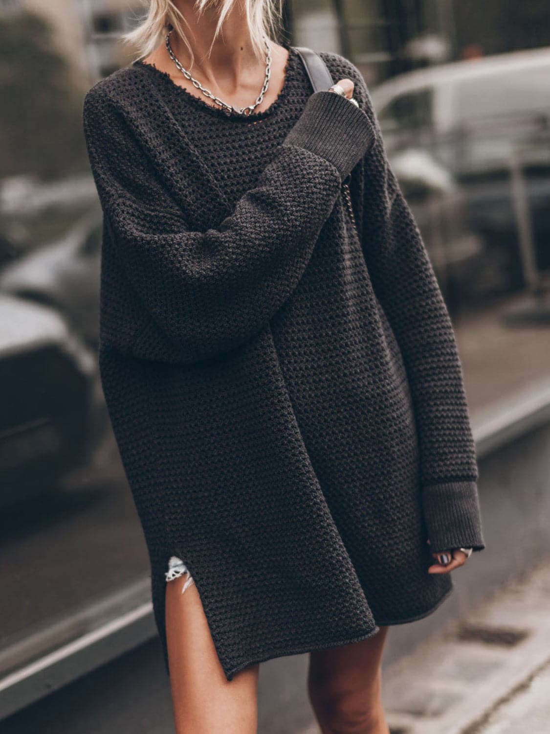 Openwork Round Neck Long Sleeve Slit Sweater.