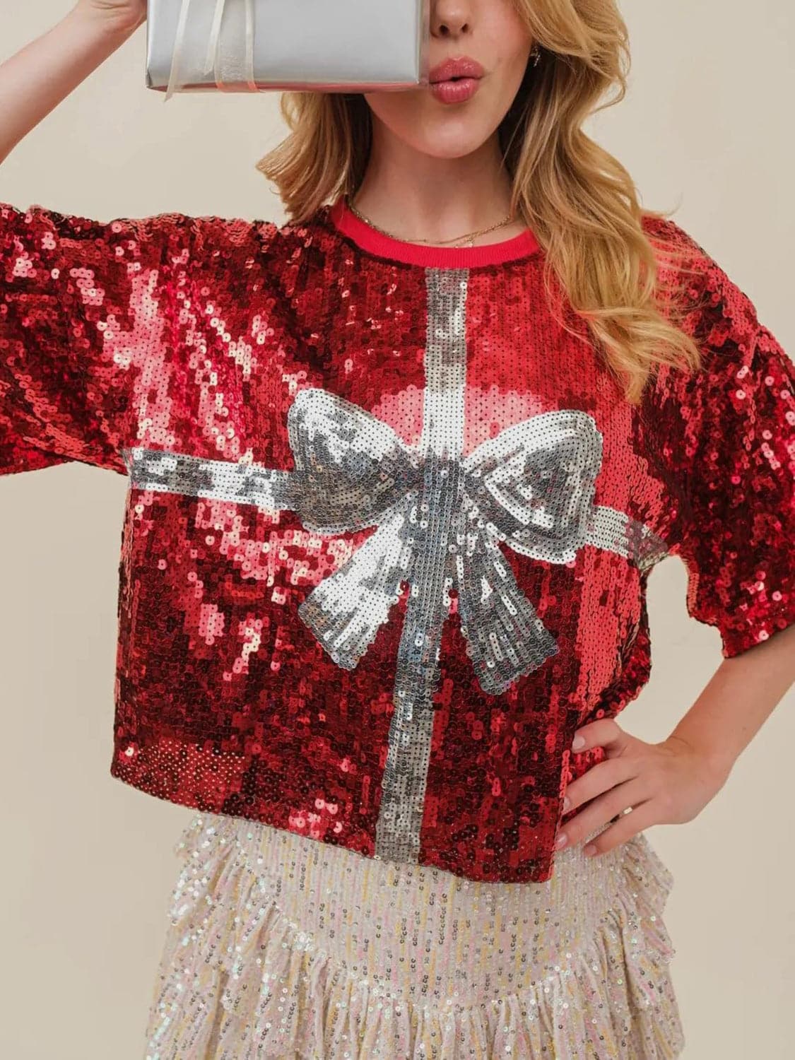 Sequin bow graphic tee - half sleeve