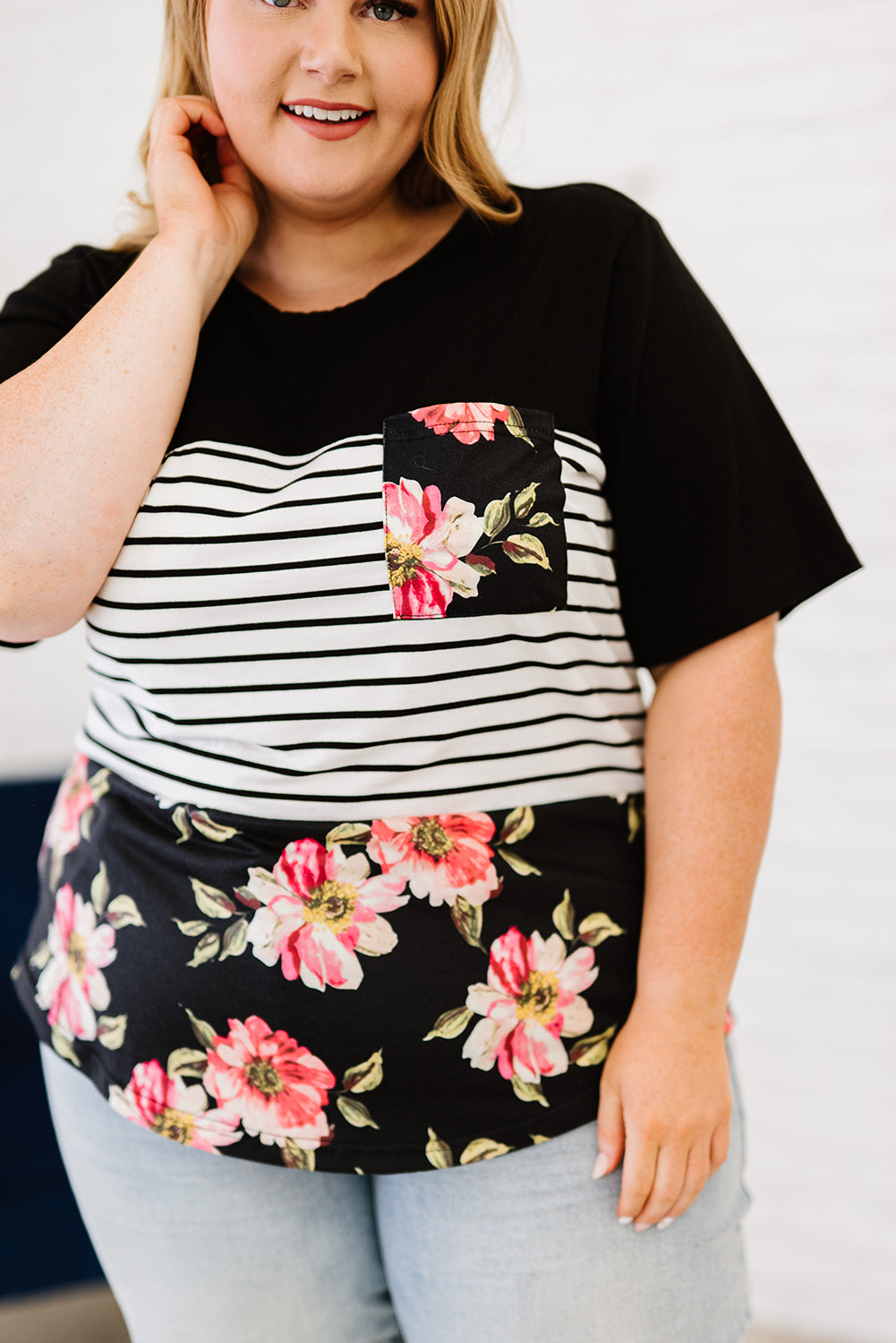 Chic black plus size floral and stripe short sleeve top