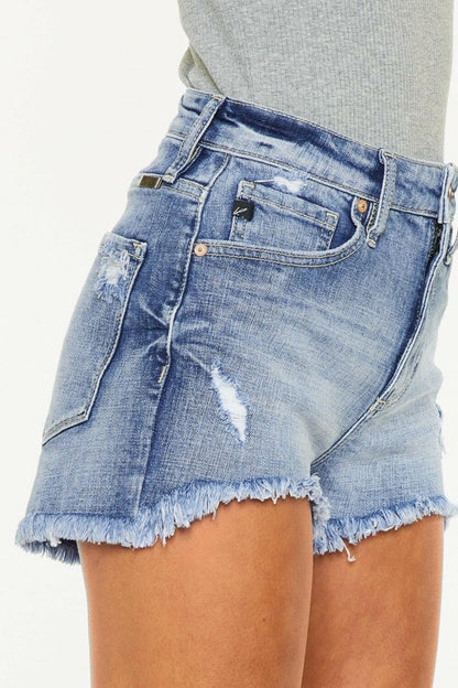 Kancan Distressed Raw Hem Denim Shorts.