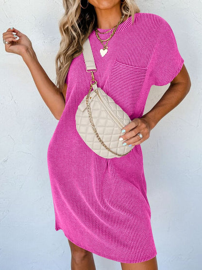 Round Neck Short Sleeve Mini Dress.