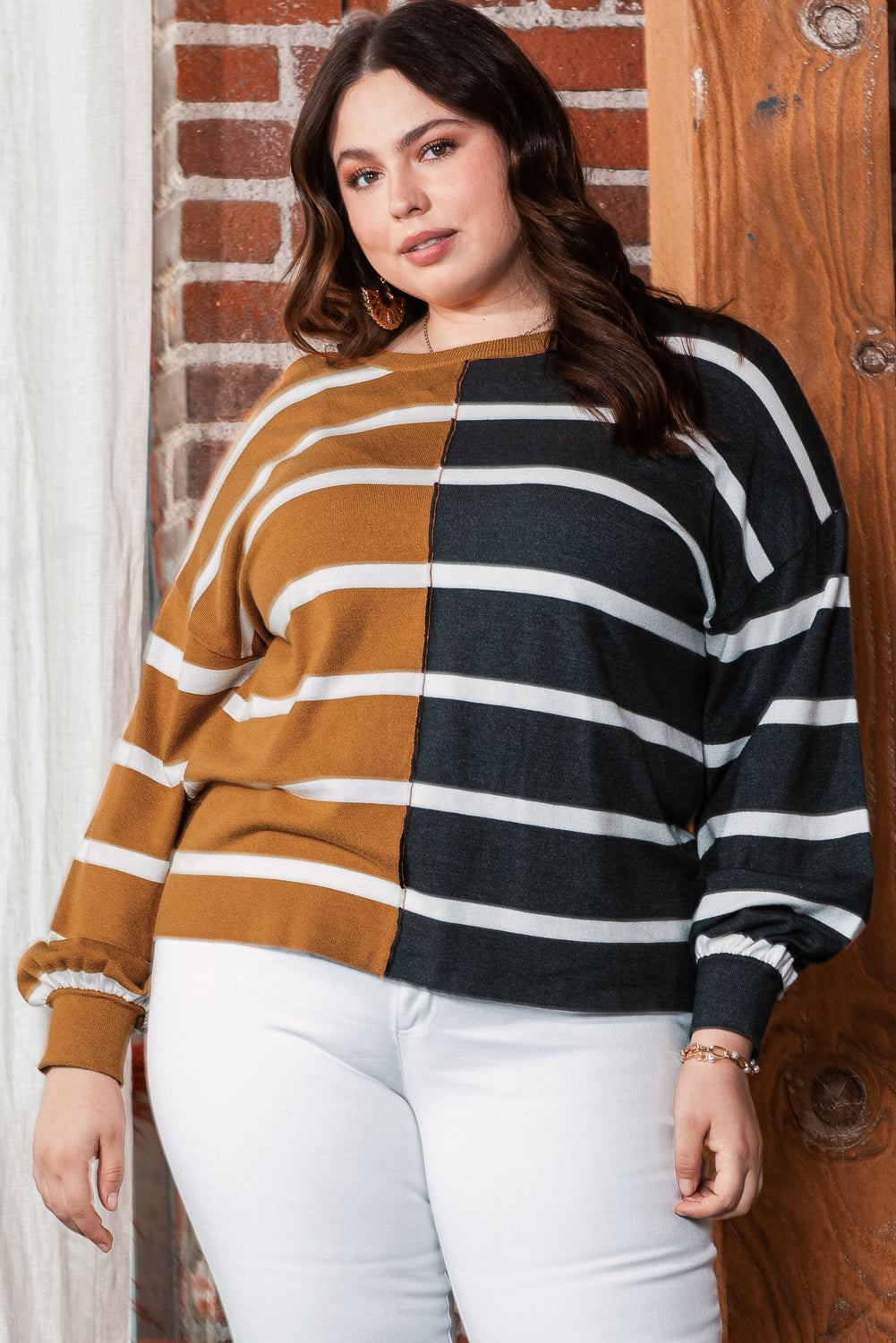 Trendy plus size striped colorblock loose-fit top