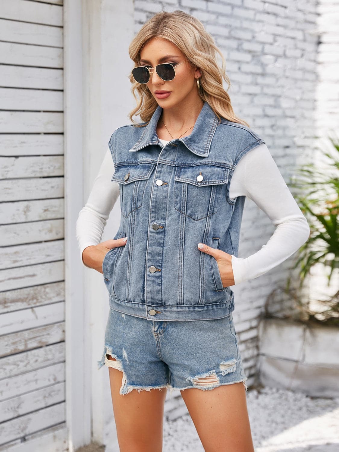 Button Up Cap Sleeve Denim Jacket.