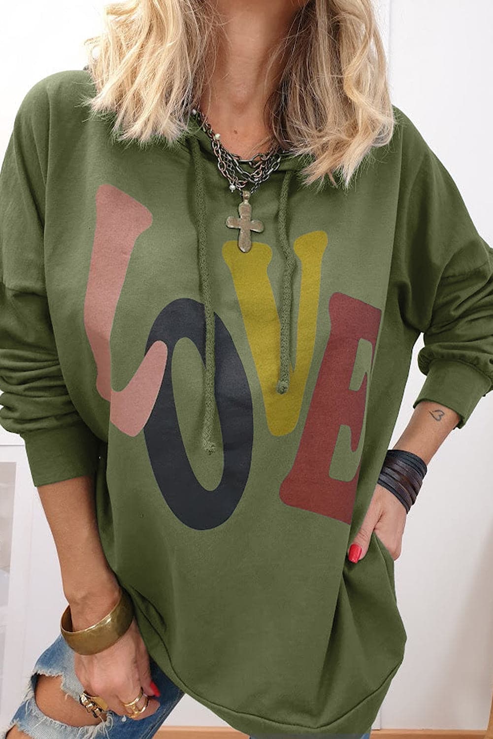 LOVE Drawstring Dropped Shoulder Hoodie.