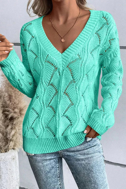 Openwork V-Neck Long Sleeve Sweater.