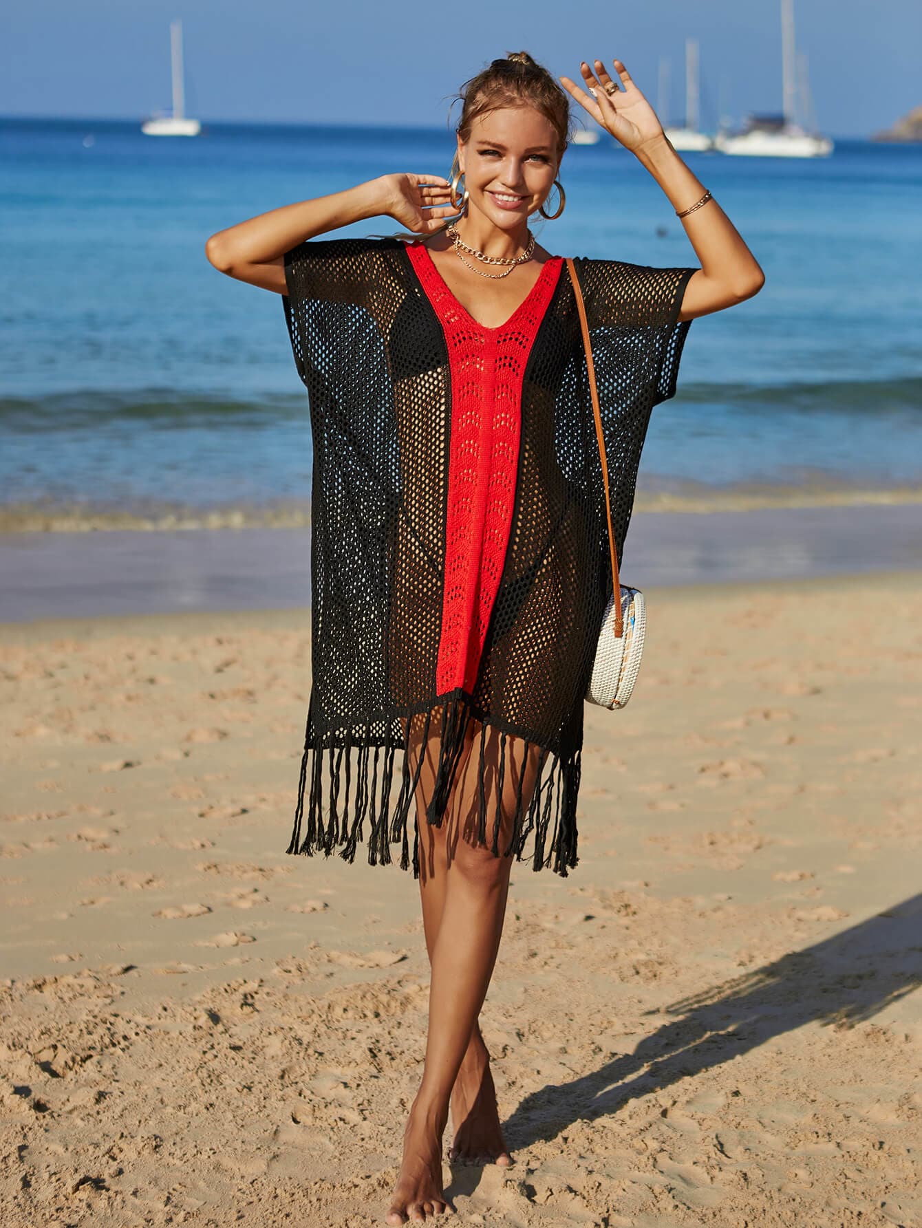 Contrast Fringe Trim Openwork Cover-Up Dress.