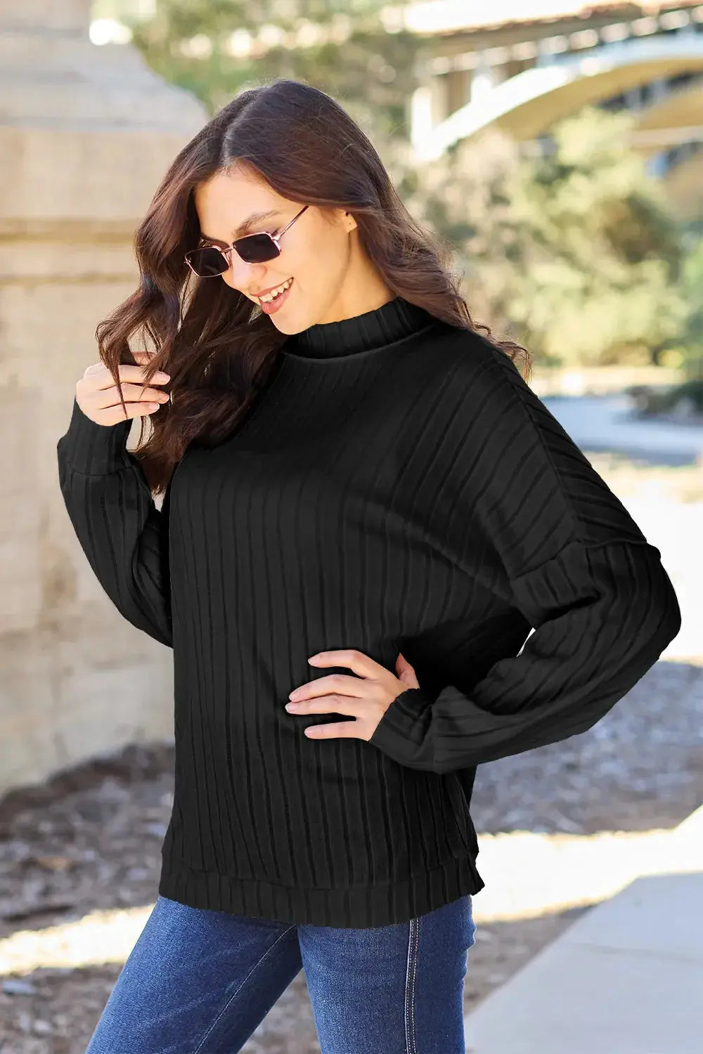 Basic Bae Full Size Ribbed Exposed Seam Mock Neck Knit Top - Love Salve