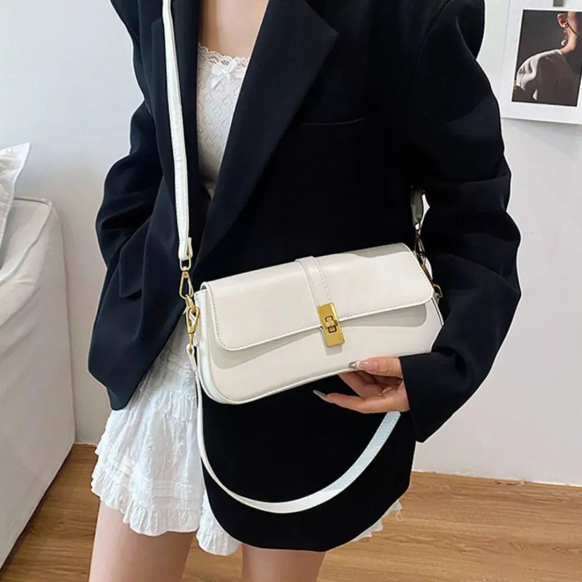 Rectangular Crossbody Bag with Golden Buckle Simply Love