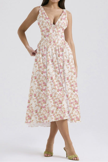 Garden Muse V-Neck Midi Dress with Pockets