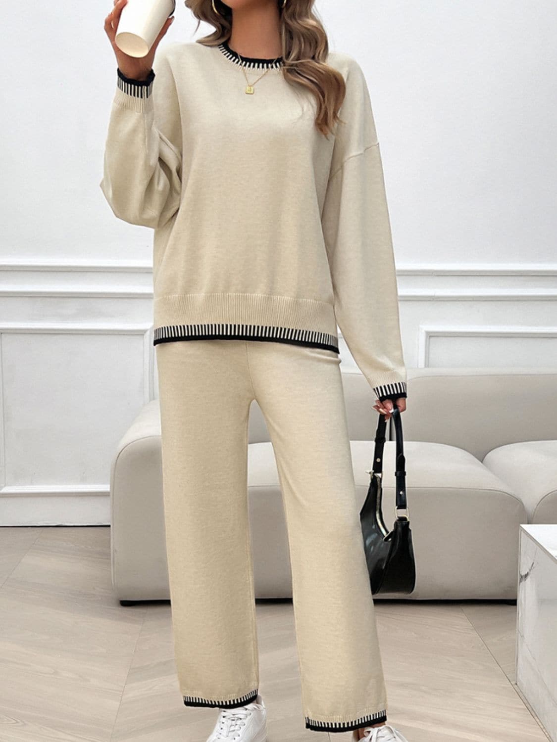 Round Neck Dropped Shoulder Top and Pants Sweater Set.