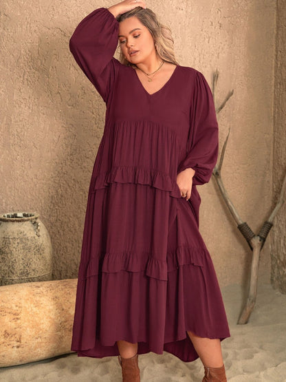 Plus Size Ruffled V-Neck Long Sleeve Dress.