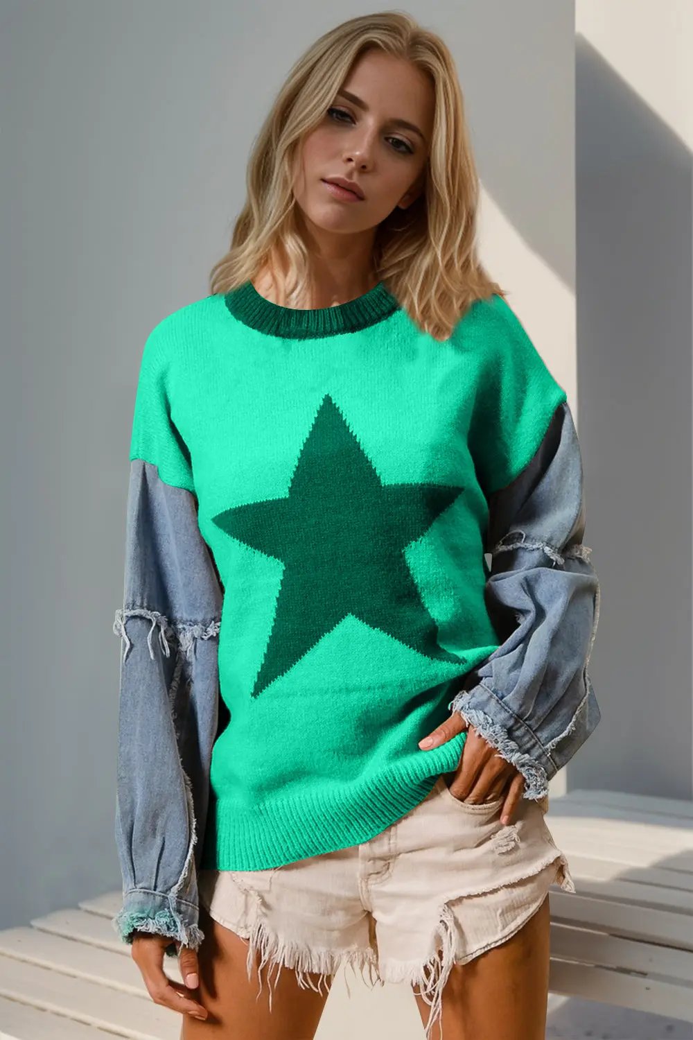 Double Take Full Size Star Pattern Raw Edge Long Sleeve Sweater - Love Salve