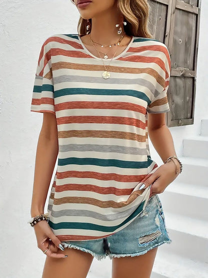 Striped Round Neck Short Sleeve T-Shirt.