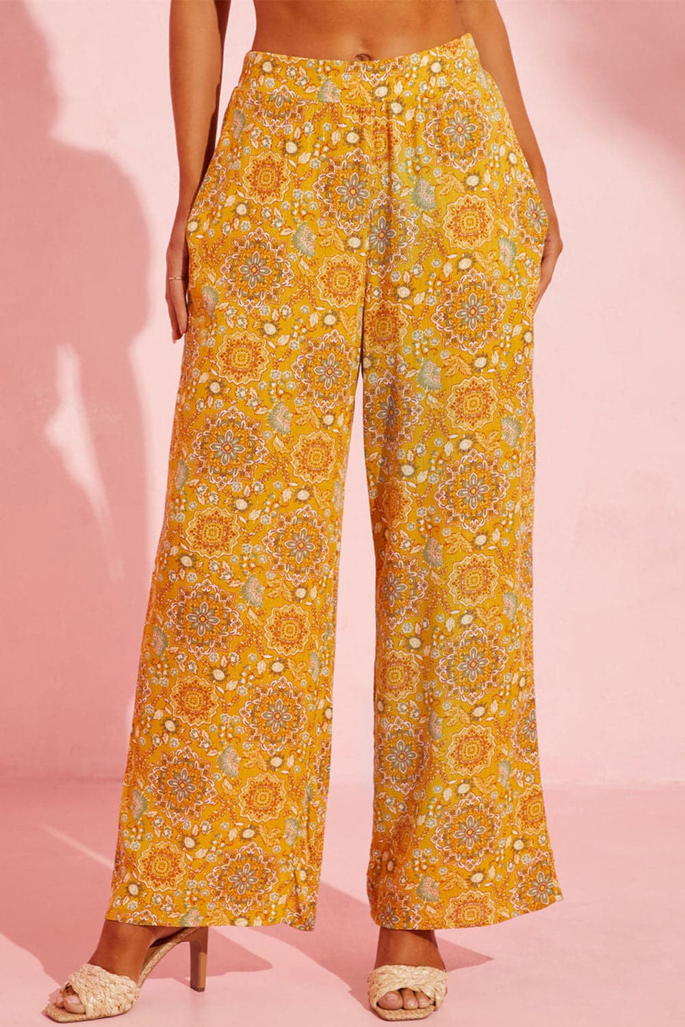 Pocketed Floral Wide Leg Pants.