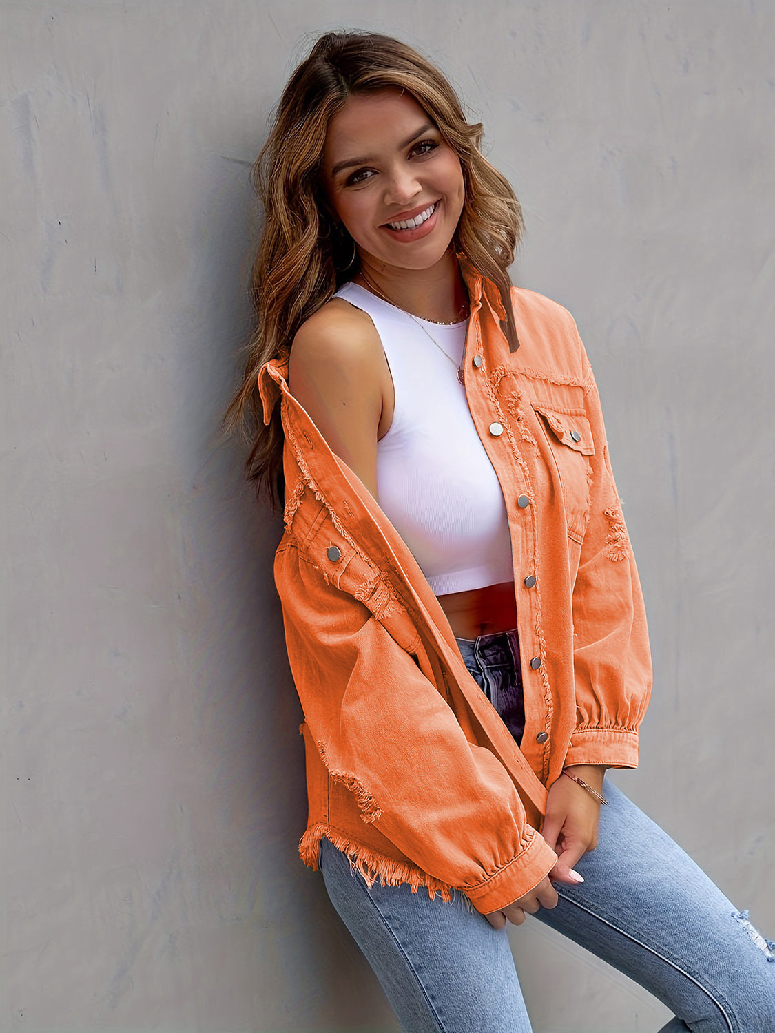 Distressed Drop Shoulder Denim Jacket Coco’s Tee Boutique
