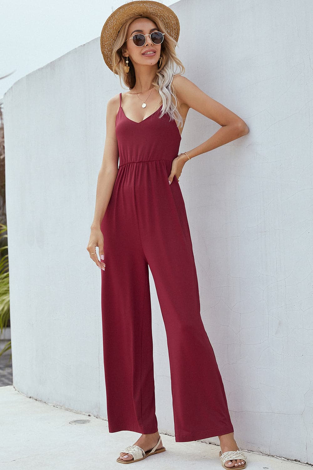 V-Neck Spaghetti Strap Wide Leg Jumpsuit.