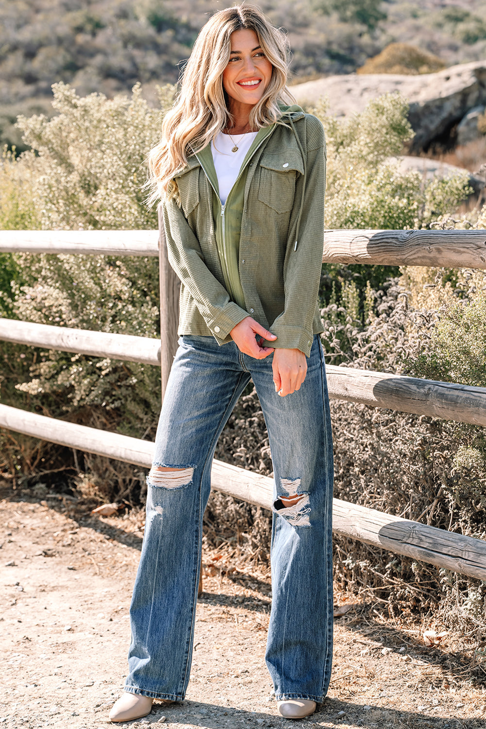 Laurel Green Two In One Thermal Knit Textured Hooded Jacket For Women Winter Outerwear Dear-Lover Dropshipping