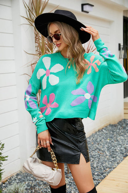 Flower Round Neck Drop Shoulder Sweater.