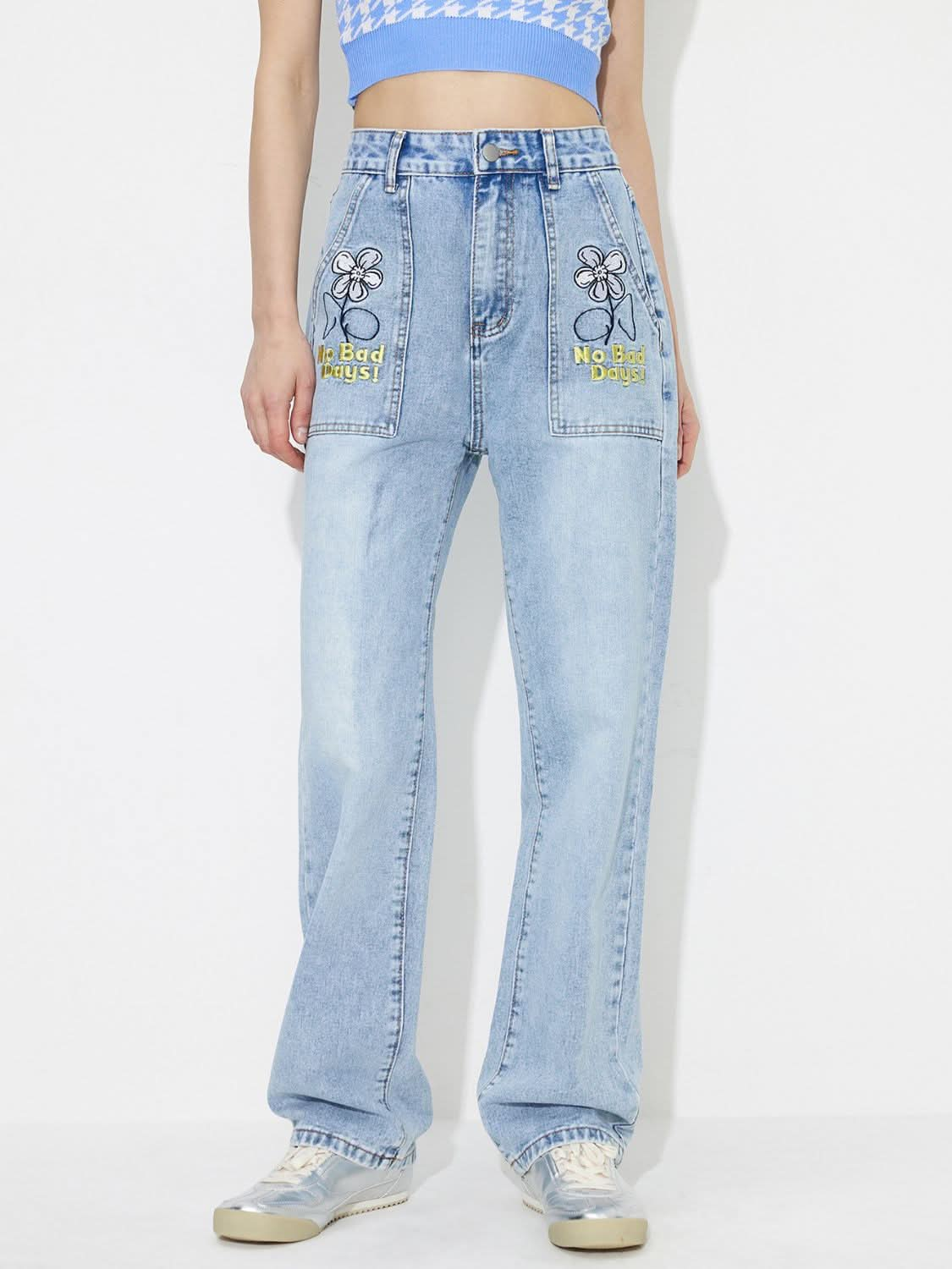 Flower High Rise Straight Leg Jeans with Pockets