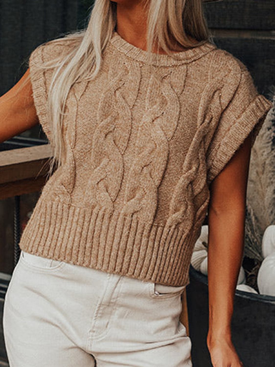 Cable-Knit Round Neck Sweater.