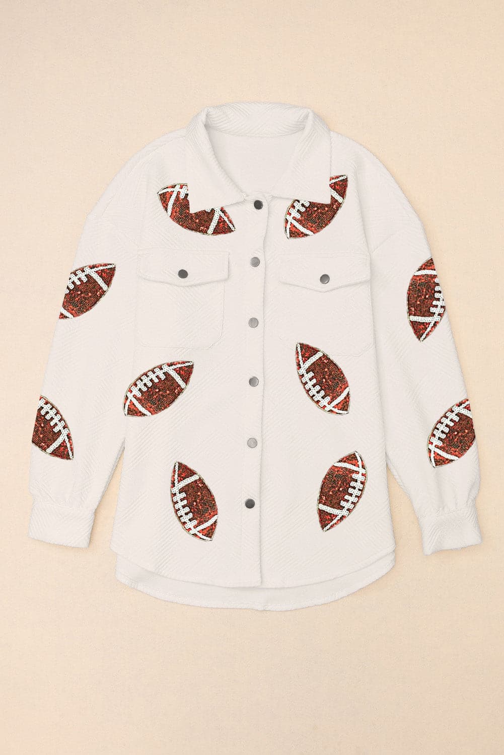 Sequin Football Patch Collared Neck Snap Button Jacket.