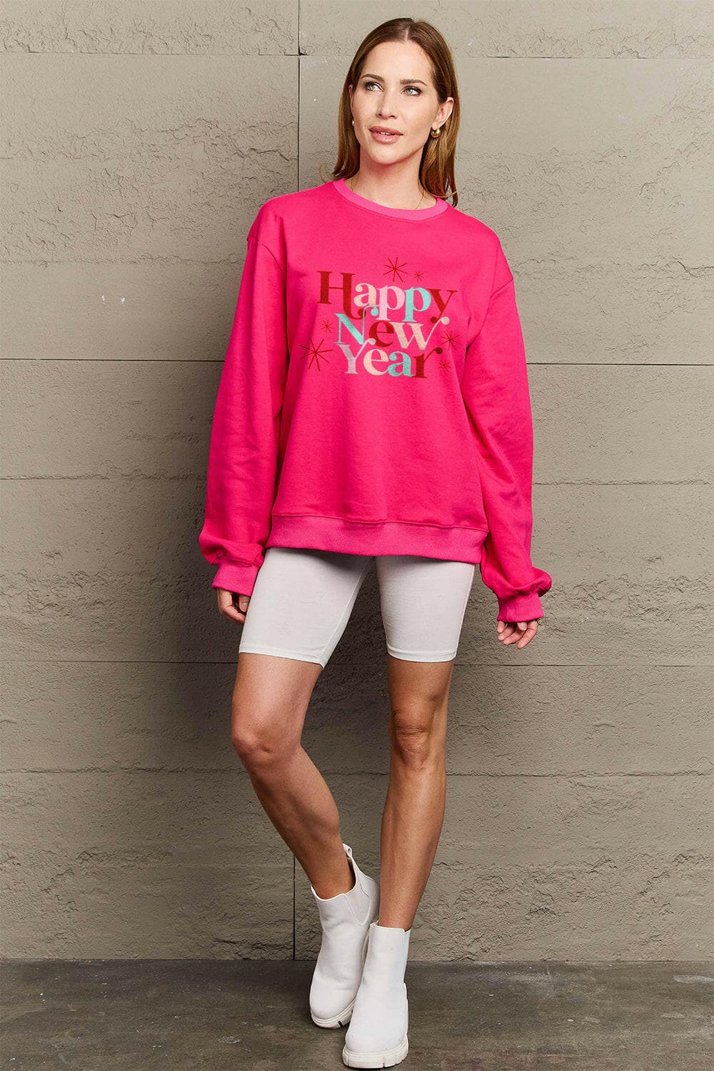 Simply Love Full Size HAPPY NEW YEAR Round Neck Sweatshirt.