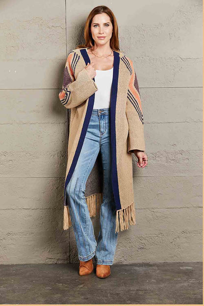 Geometric Fringe Hem Open Front Duster Cardigan.