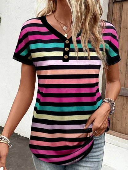 Striped V-Neck Short Sleeve T-Shirt.