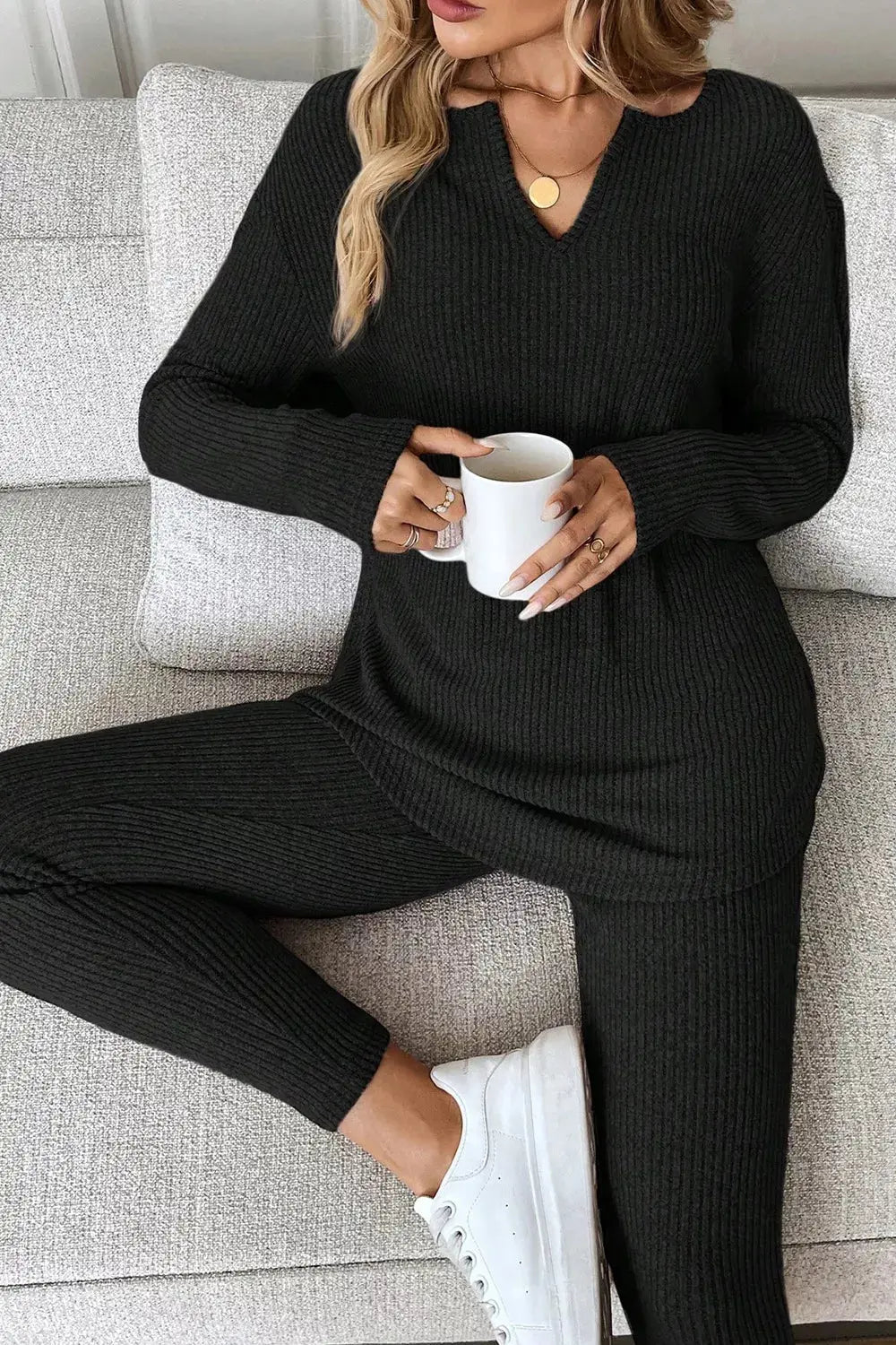 Notched Long Sleeve Top and Pants Set Simply Love