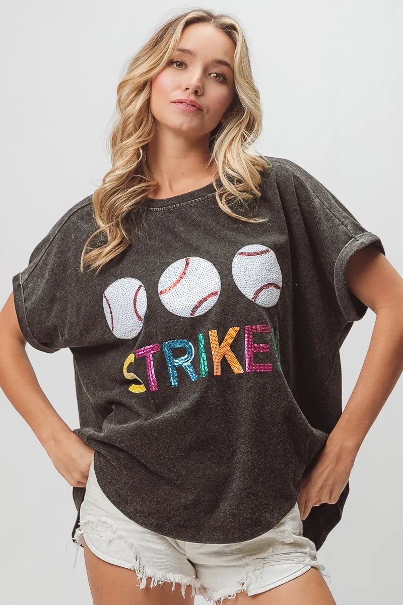 BiBi Sequin Baseballs Strike Washed Short Sleeve Top - Love Salve 