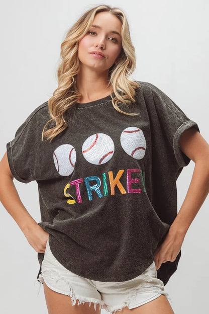 BiBi Sequin Baseballs Strike Washed Short Sleeve Top - Love Salve 