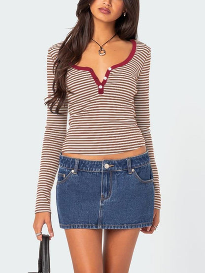 Striped button-up long sleeve tee