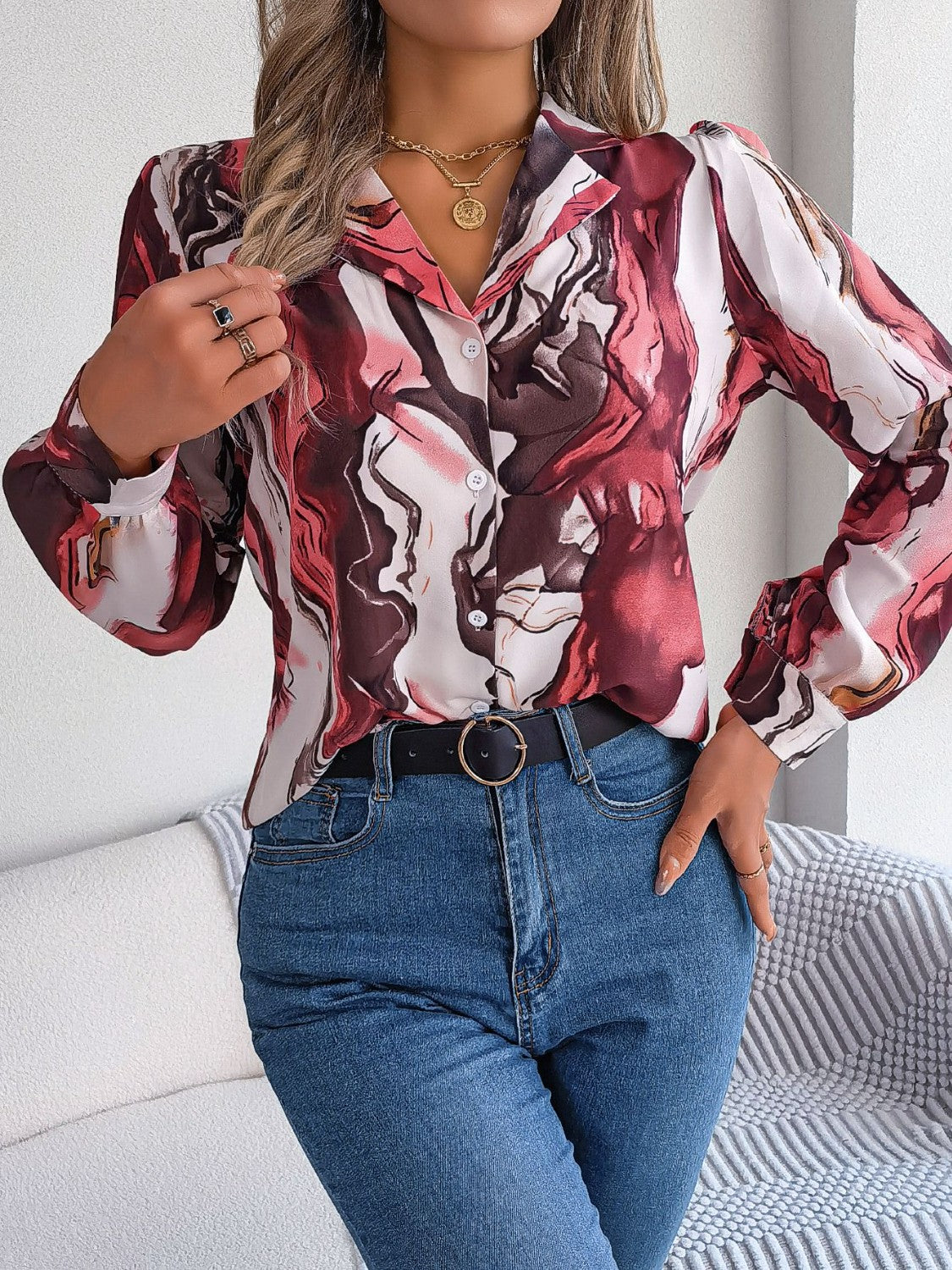 Printed Button Up Long Sleeve Shirt Coco’s Tee Boutique