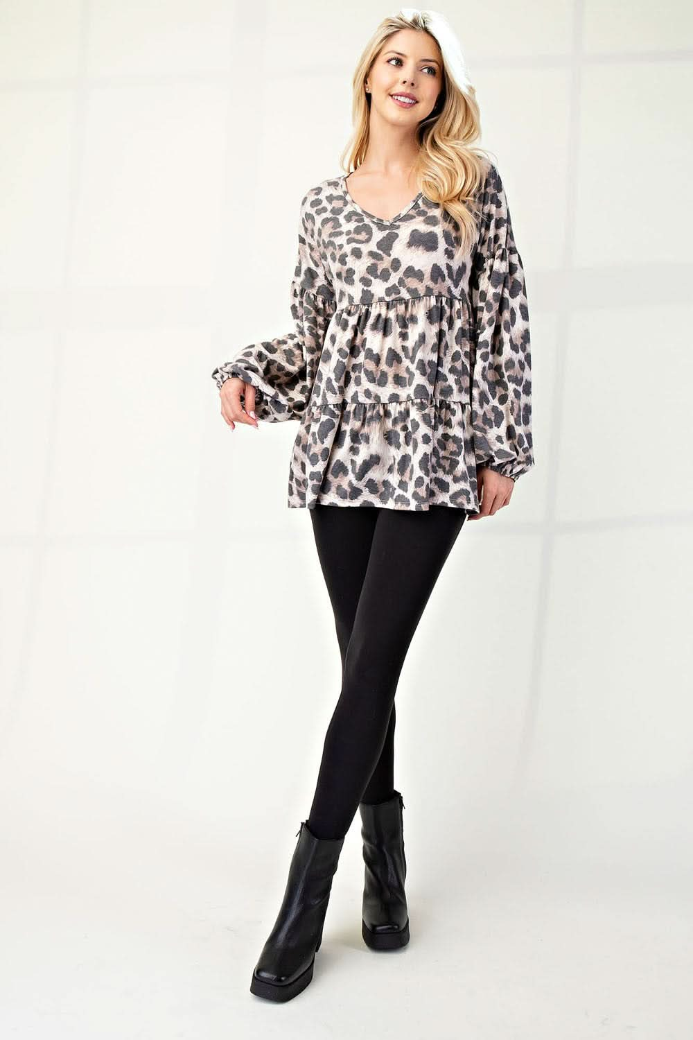 Leopard Print V-Neck Balloon Sleeve Blouse in Full Size