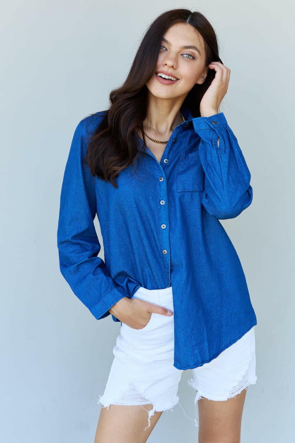 Doublju Blue Jean Baby Denim Button Down Shirt Top in Dark Blue.