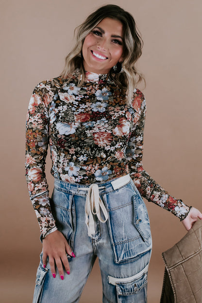 Elegant brown floral mesh blouse with high neck and long sleeves