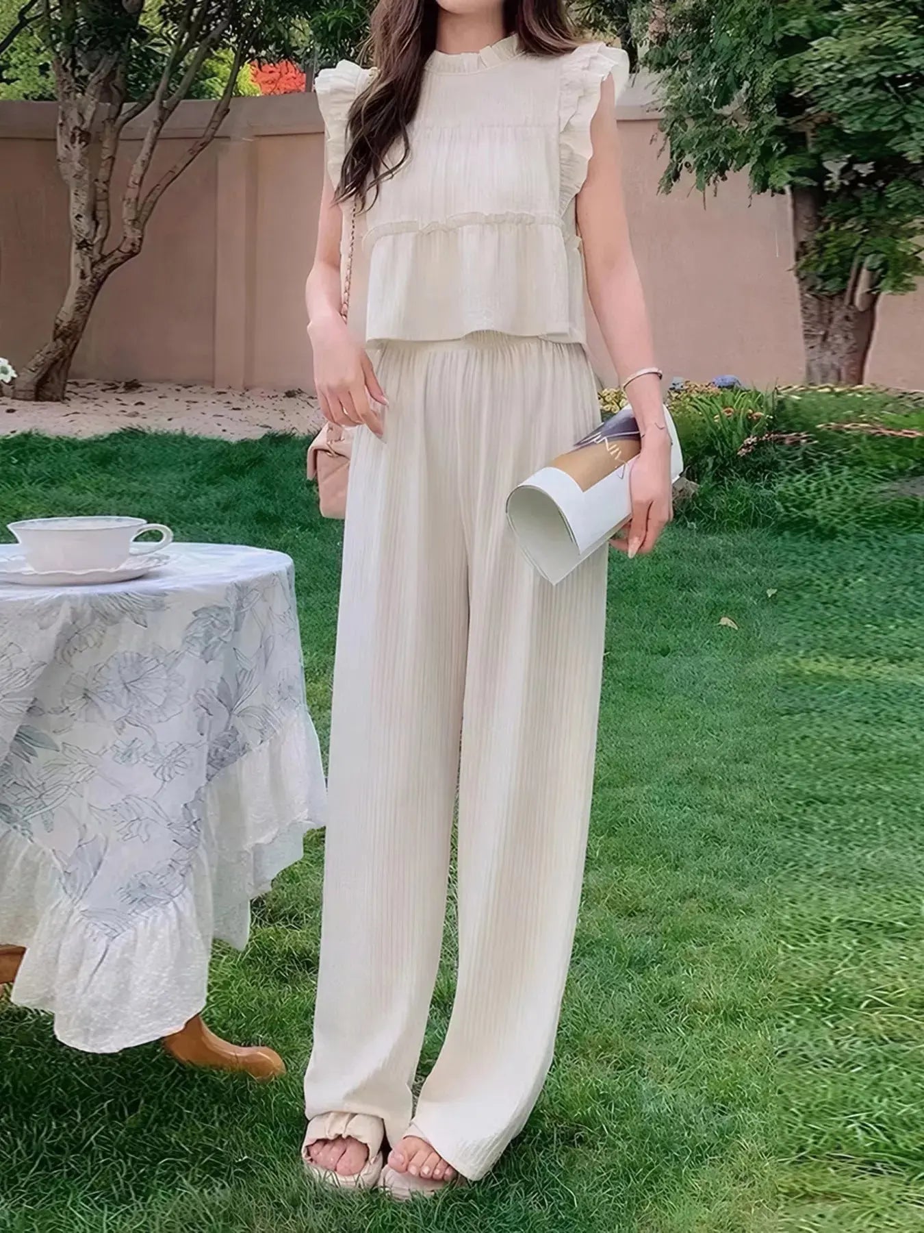 Ruffled Sleeveless Top and Wide Leg Pants Set Simply Love