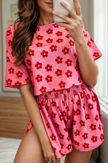 Flower Round Neck Top and Shorts Lounge Set.