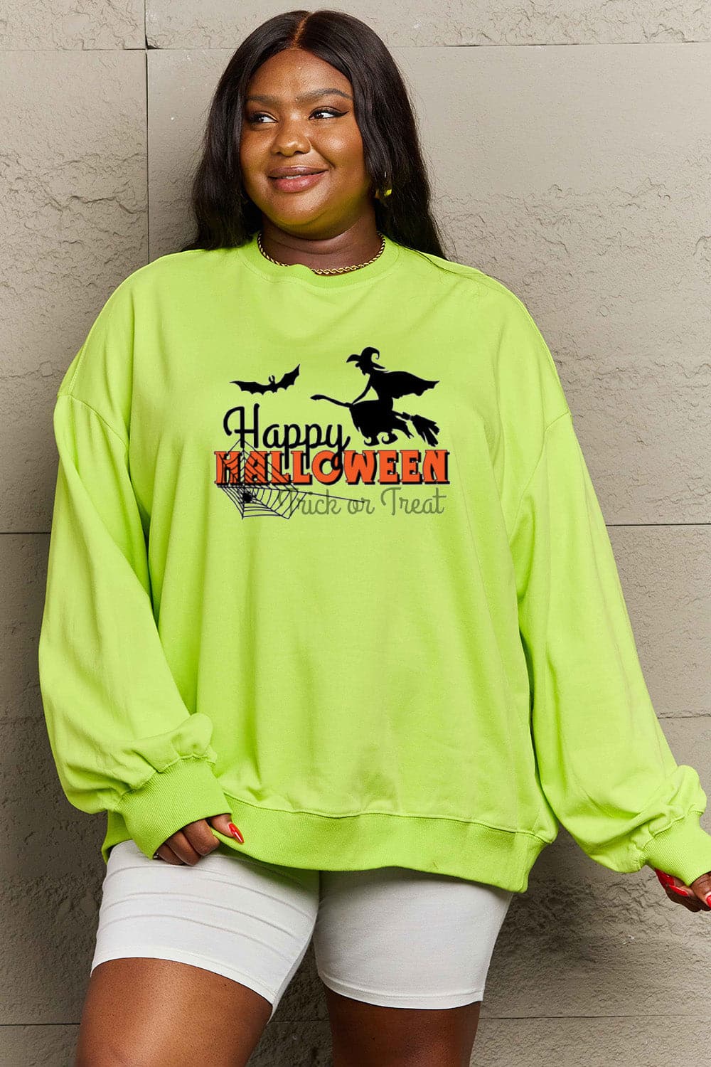 Simply Love Full Size HAPPY HALLOWEEN TRICK OR TREAT Graphic Sweatshirt.