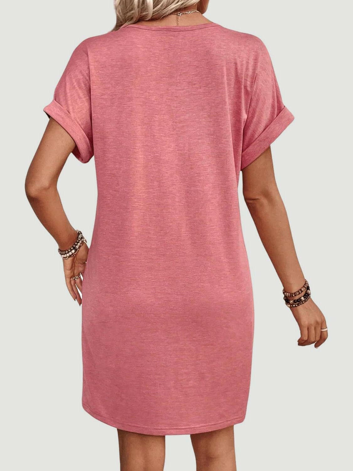 Quarter Button V-Neck Short Sleeve Dress.