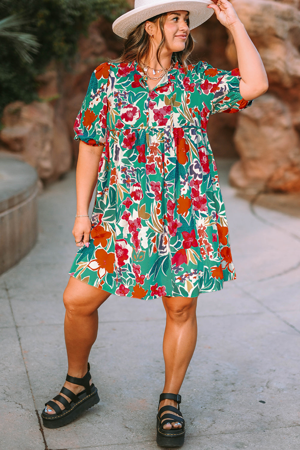 Sky Blue Plus Size Floral Puff Sleeve Babydoll Dress with Tie Neck Detail