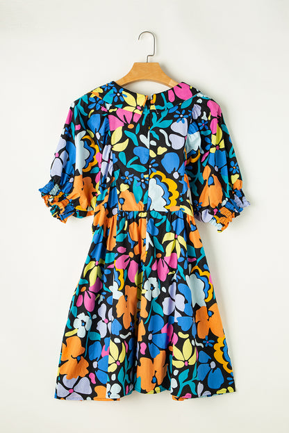 Floral print collared dress with split neck design