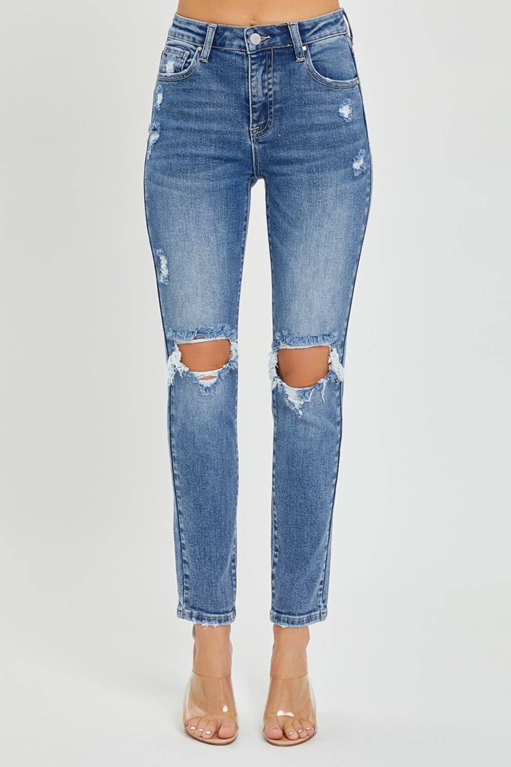 Risen Full Size High Rise Knee Distressed Skinny Jeans.