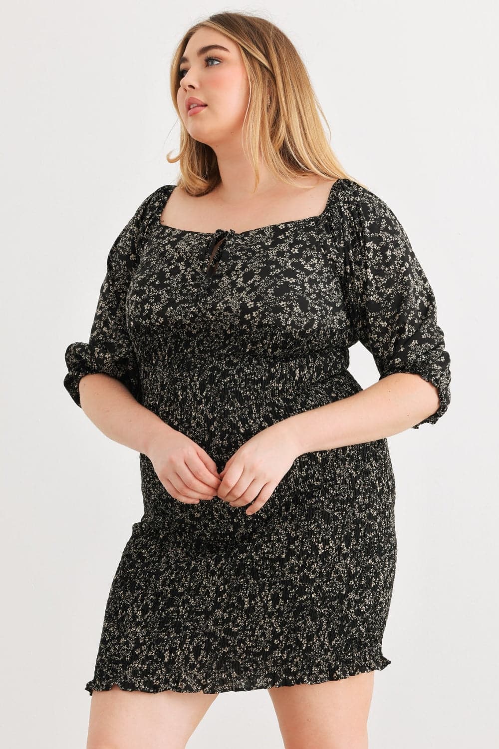 Zenobia Plus Size Smocked Printed Square Neck Mini Dress.