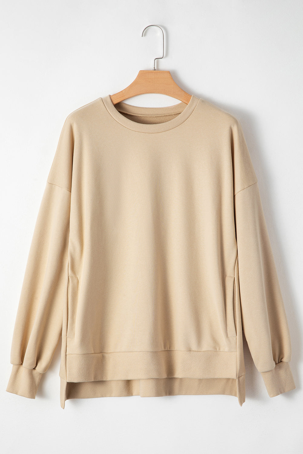 Parchment Solid O Neck High Low Hem Pullover Sweatshirt