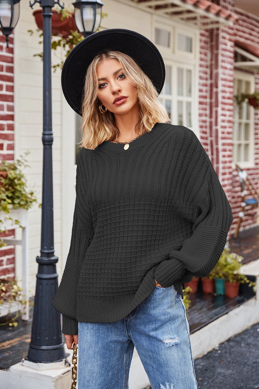 Ribbed Drop Shoulder Lantern Sleeve Sweater.